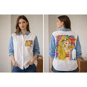 Women's Pastel Beaded Shirt T-Shirt Top | Sz Medium Glitter Graphic Tee Y2K...